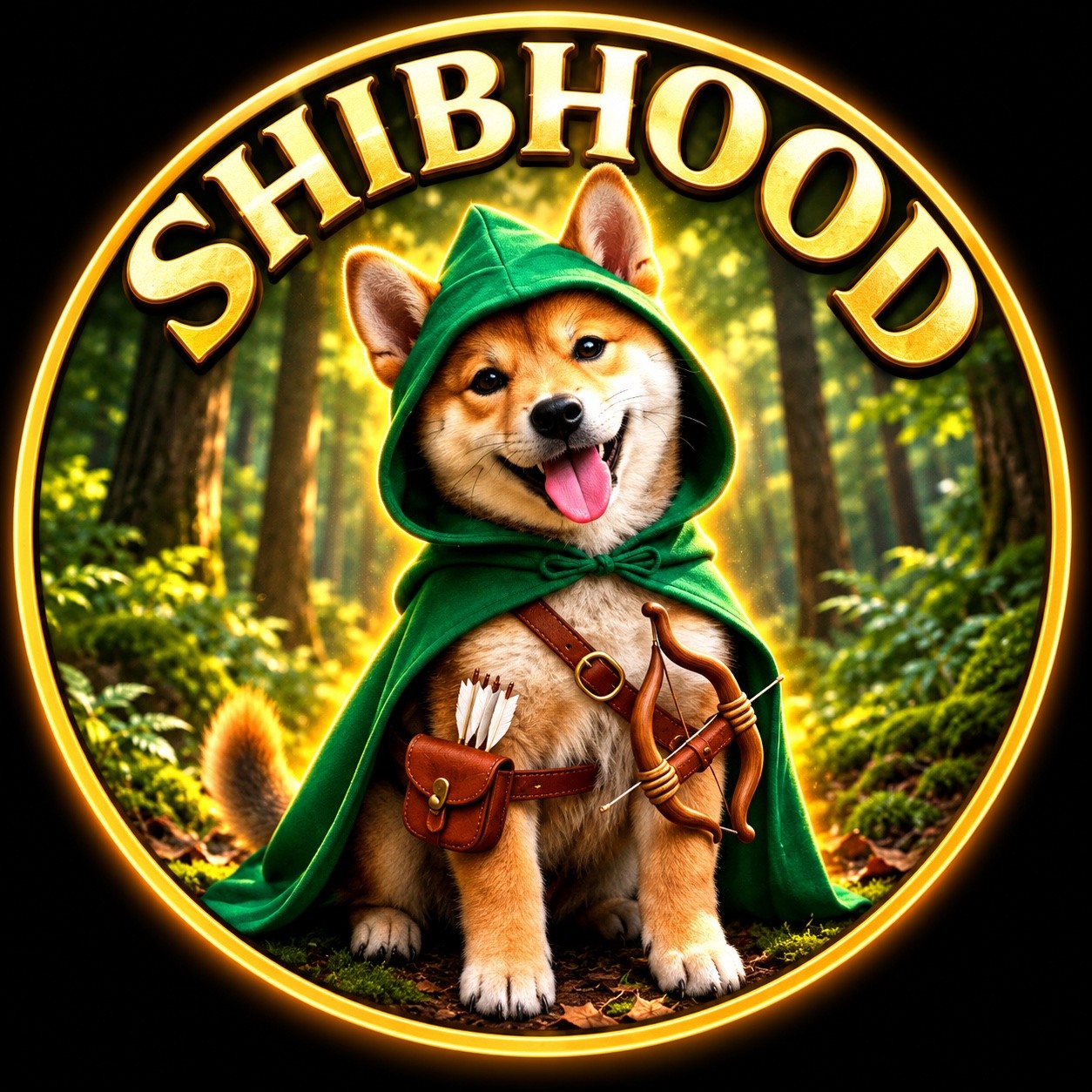 SHIBHOOD Shiba Inu archer coin with glowing gold rim